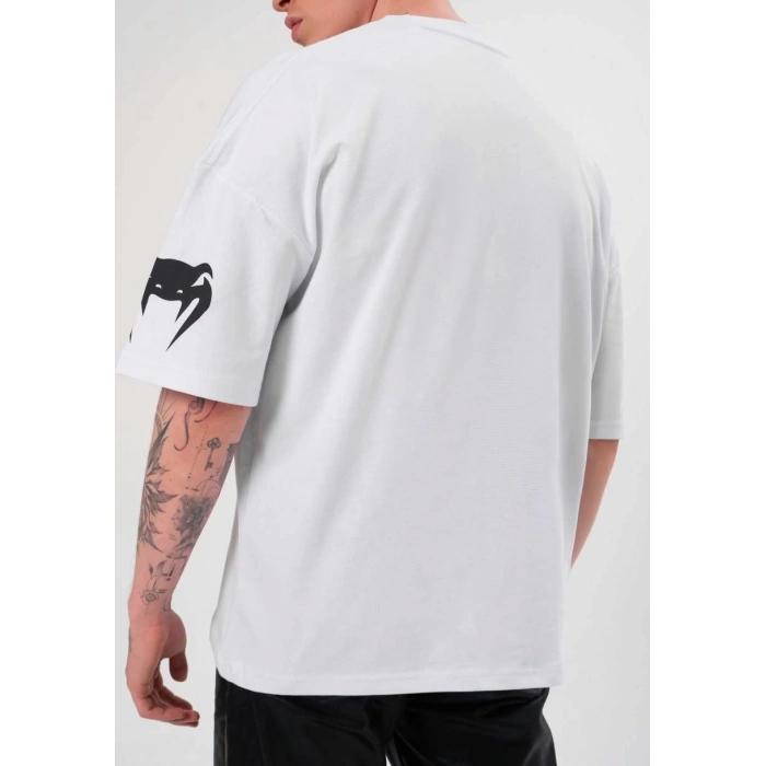 Unisex Bisiklet Yaka Baskılı Oversize T-Shirt - Beyaz