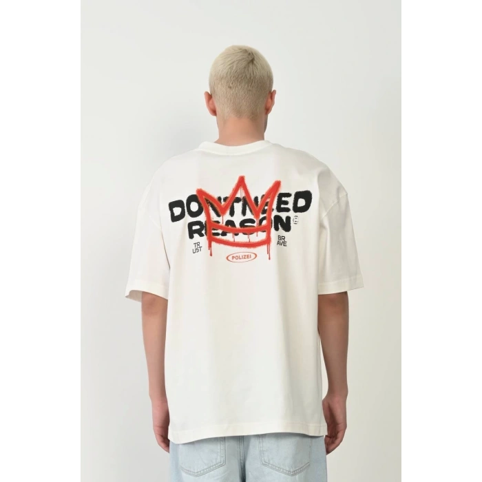 Unisex Bisiklet Yaka Baskılı Oversize T-Shirt - Beyaz