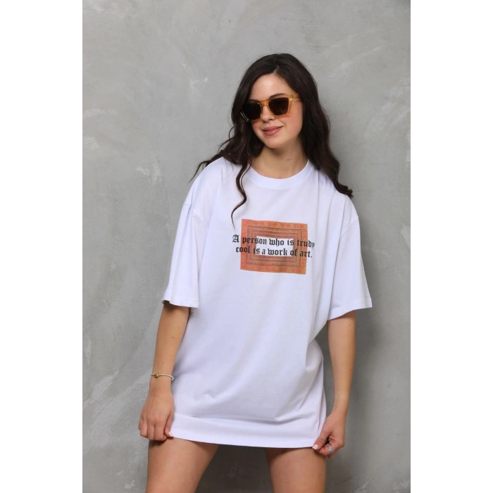 Unisex Bisiklet Yaka Baskılı Oversize T-Shirt - Beyaz