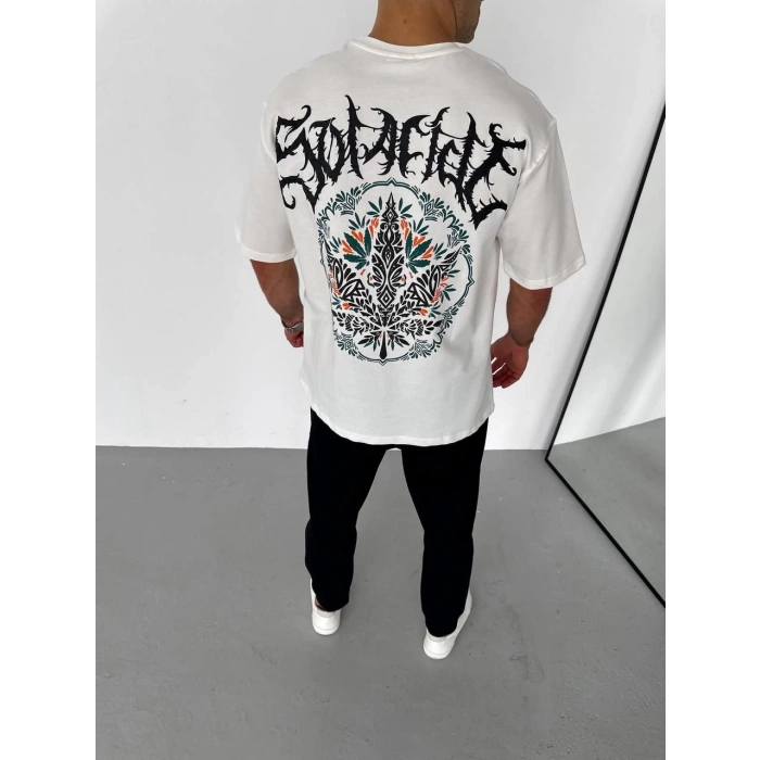 Unisex Bisiklet Yaka Baskılı Oversize T-Shirt - Beyaz