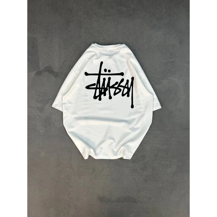 Unisex Bisiklet Yaka Baskılı Oversize T-Shirt - Beyaz