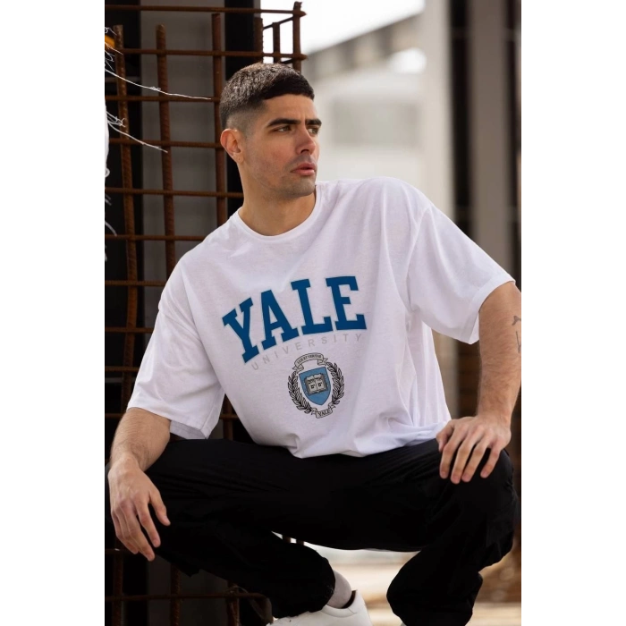 Unisex Bisiklet Yaka Baskılı Oversize T-Shirt - Beyaz