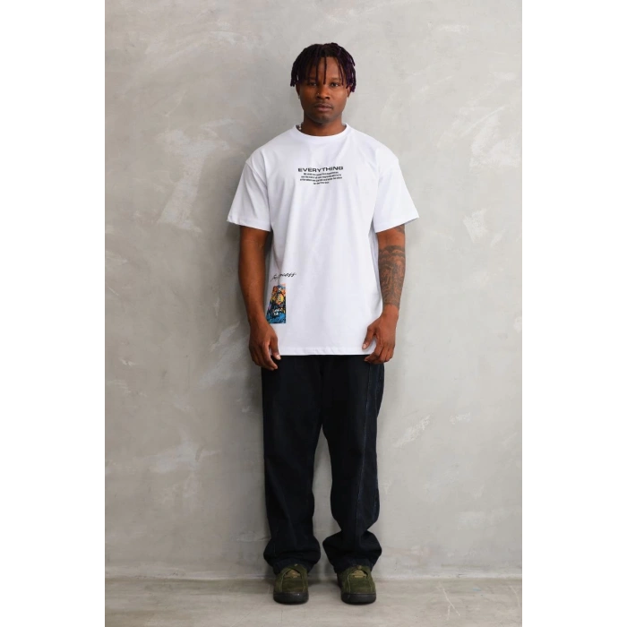 Unisex Bisiklet Yaka Baskılı Oversize T-Shirt - Beyaz