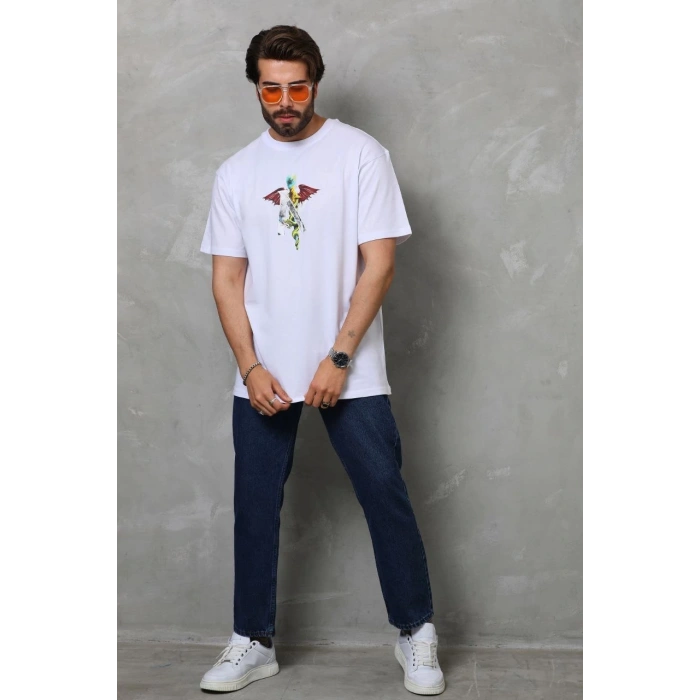 Unisex Bisiklet Yaka Baskılı Oversize T-Shirt - Beyaz