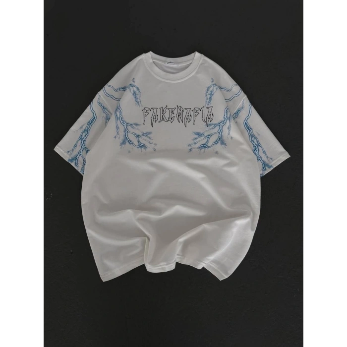 Unisex Bisiklet Yaka Baskılı Oversize T-Shirt - Beyaz