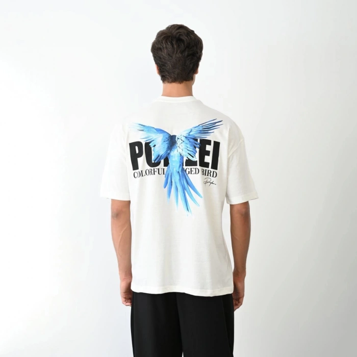 Unisex Bisiklet Yaka Baskılı Oversize T-Shirt - Beyaz