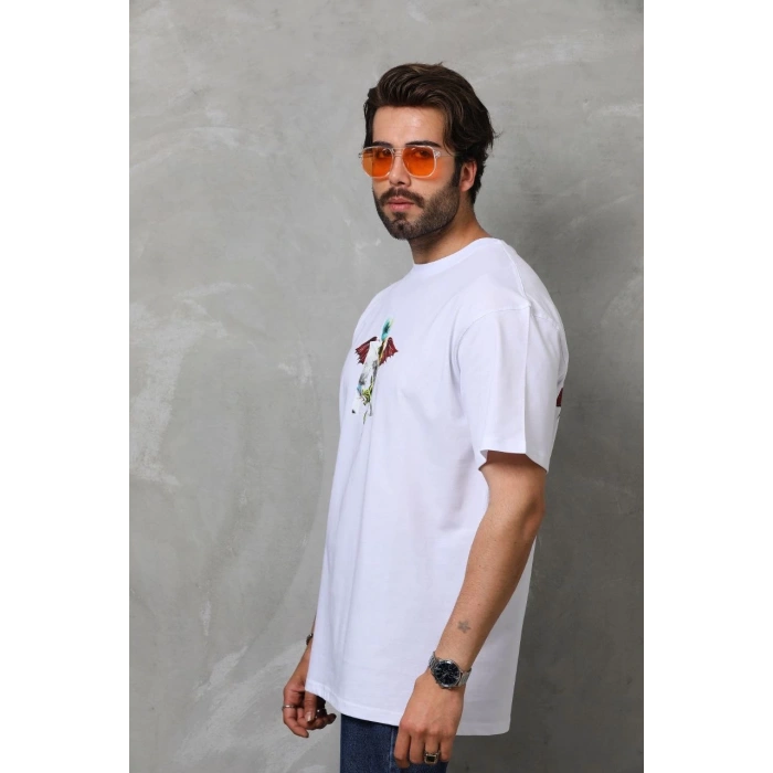 Unisex Bisiklet Yaka Baskılı Oversize T-Shirt - Beyaz