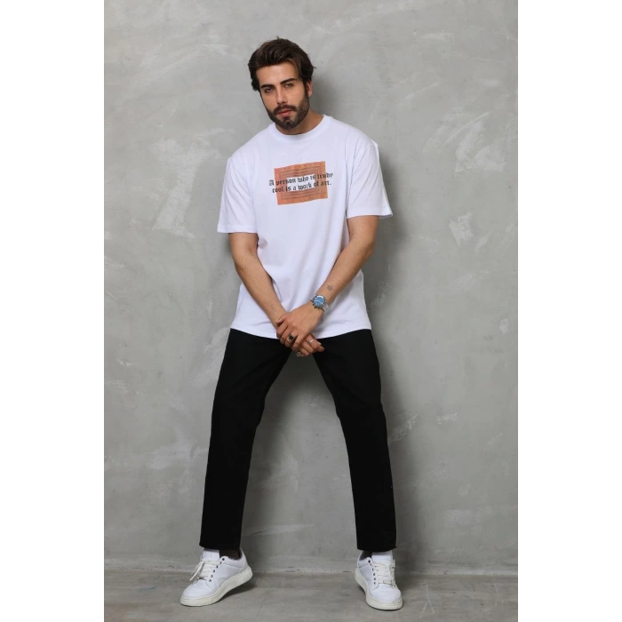 Unisex Bisiklet Yaka Baskılı Oversize T-Shirt - Beyaz