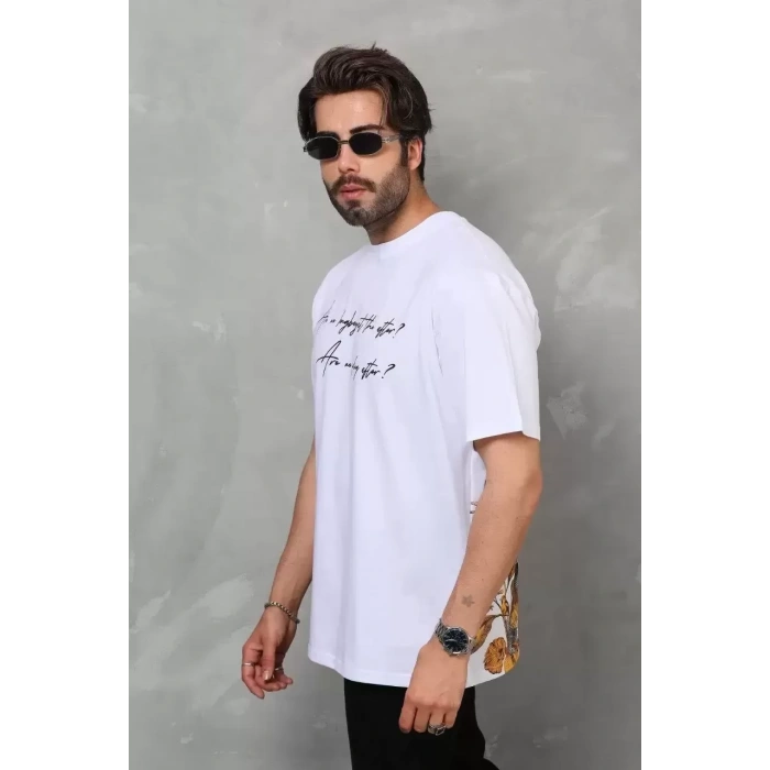 Unisex Bisiklet Yaka Baskılı Oversize T-Shirt - Beyaz