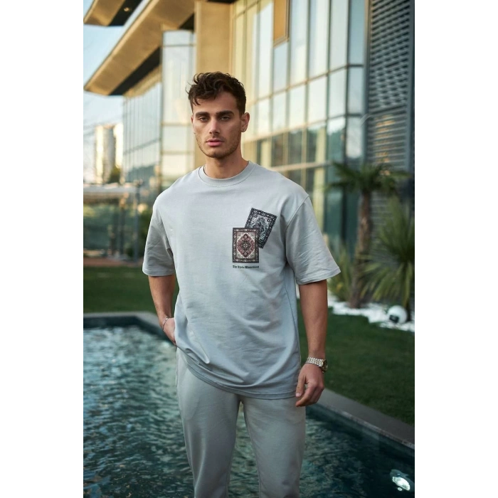 Unisex Bisiklet Yaka Baskılı Oversize T-Shirt - Boyalı Gri