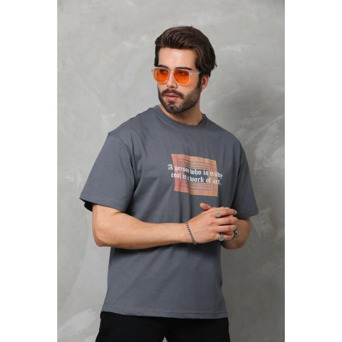 Unisex Bisiklet Yaka Baskılı Oversize T-Shirt - Füme