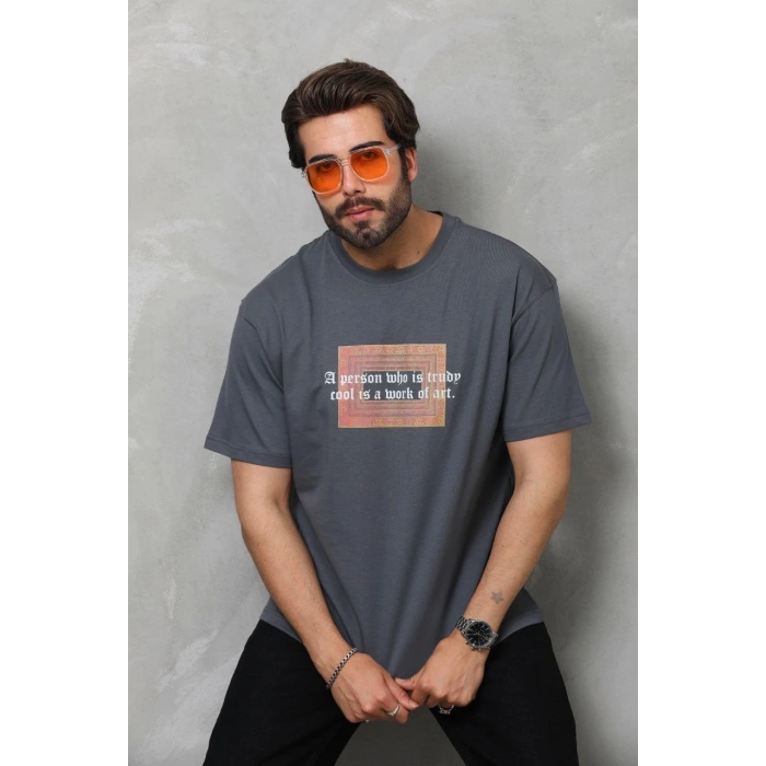 Unisex Bisiklet Yaka Baskılı Oversize T-Shirt - Füme