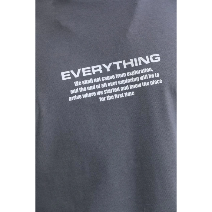 Unisex Bisiklet Yaka Baskılı Oversize T-Shirt - Gri