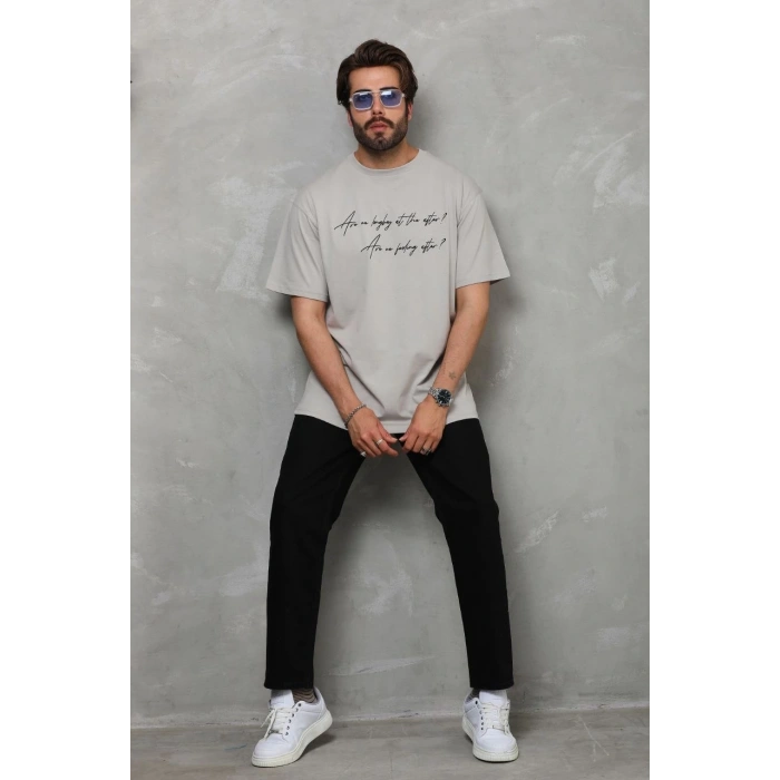 Unisex Bisiklet Yaka Baskılı Oversize T-Shirt - Gri