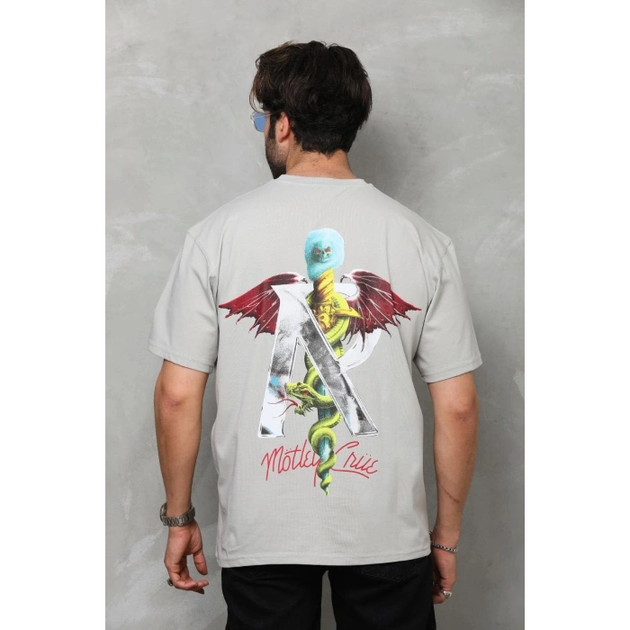 Unisex Bisiklet Yaka Baskılı Oversize T-Shirt - Gri