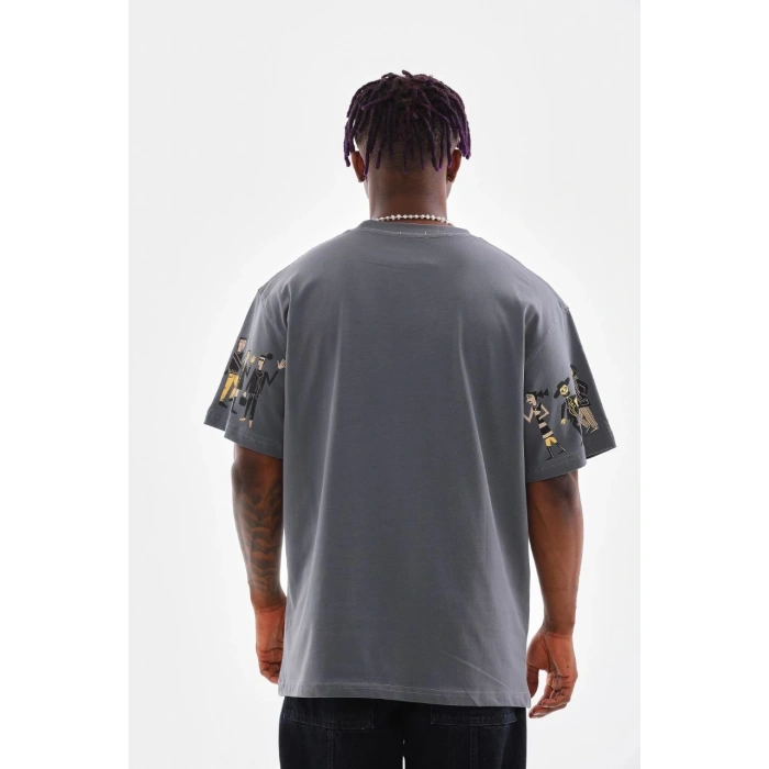 Unisex Bisiklet Yaka Baskılı Oversize T-Shirt - Gri
