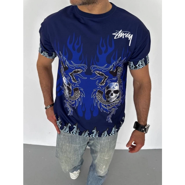 Unisex Bisiklet Yaka Baskılı Oversize T-Shirt - Lacivert