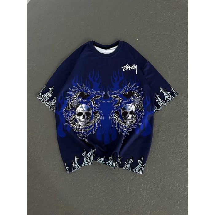 Unisex Bisiklet Yaka Baskılı Oversize T-Shirt - Lacivert