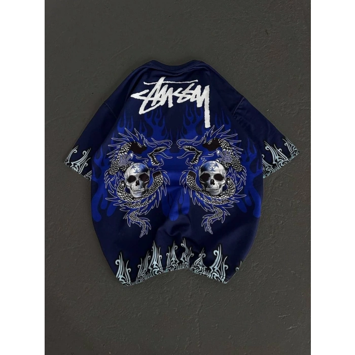 Unisex Bisiklet Yaka Baskılı Oversize T-Shirt - Lacivert