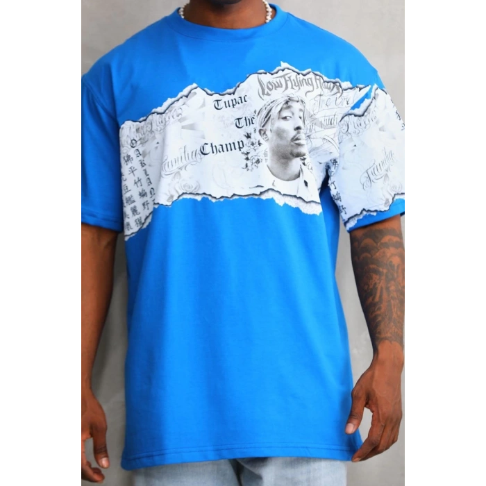 Unisex Bisiklet Yaka Baskılı Oversize T-Shirt - Mavi