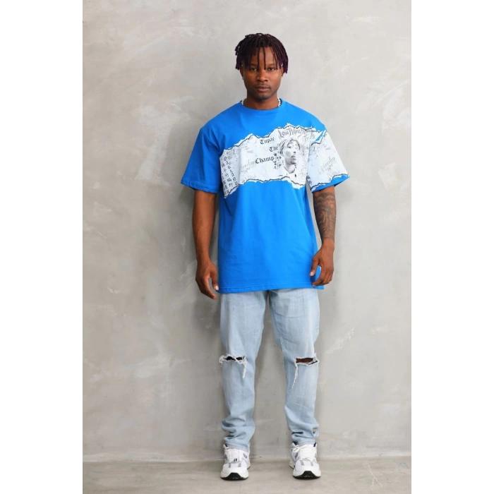 Unisex Bisiklet Yaka Baskılı Oversize T-Shirt - Mavi