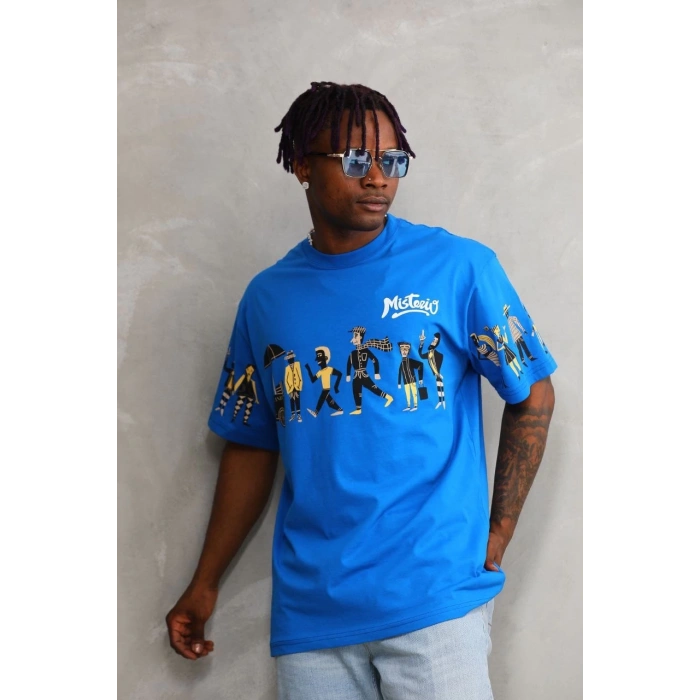 Unisex Bisiklet Yaka Baskılı Oversize T-Shirt - Mavi