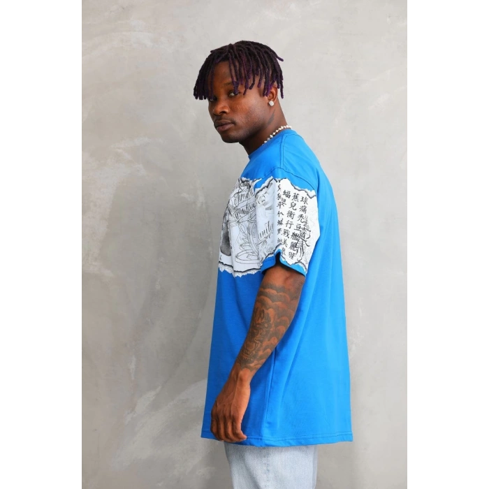 Unisex Bisiklet Yaka Baskılı Oversize T-Shirt - Mavi