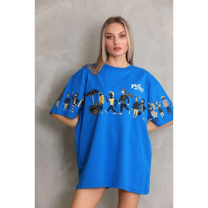 Unisex Bisiklet Yaka Baskılı Oversize T-Shirt - Mavi