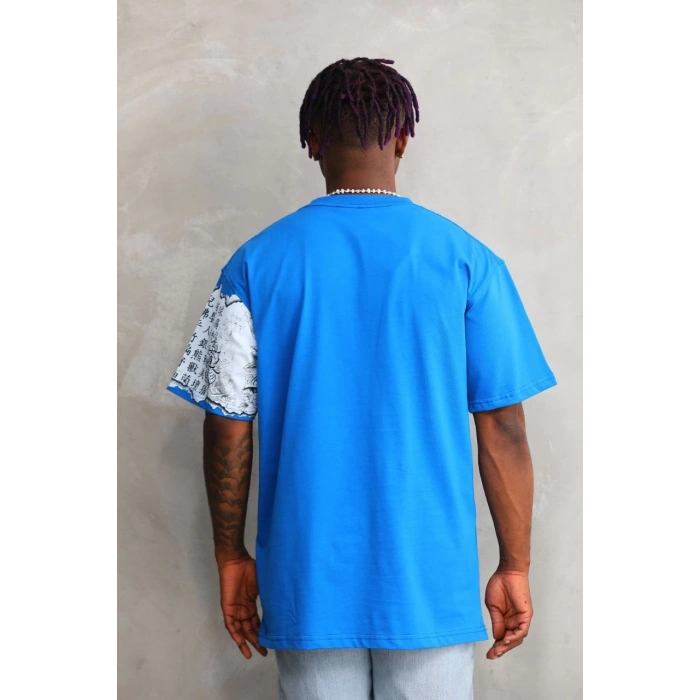 Unisex Bisiklet Yaka Baskılı Oversize T-Shirt - Mavi