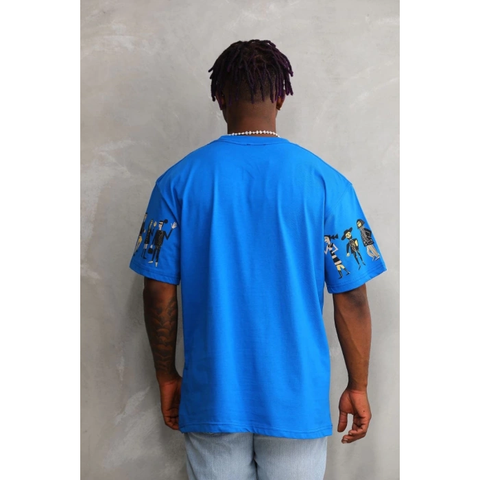 Unisex Bisiklet Yaka Baskılı Oversize T-Shirt - Mavi