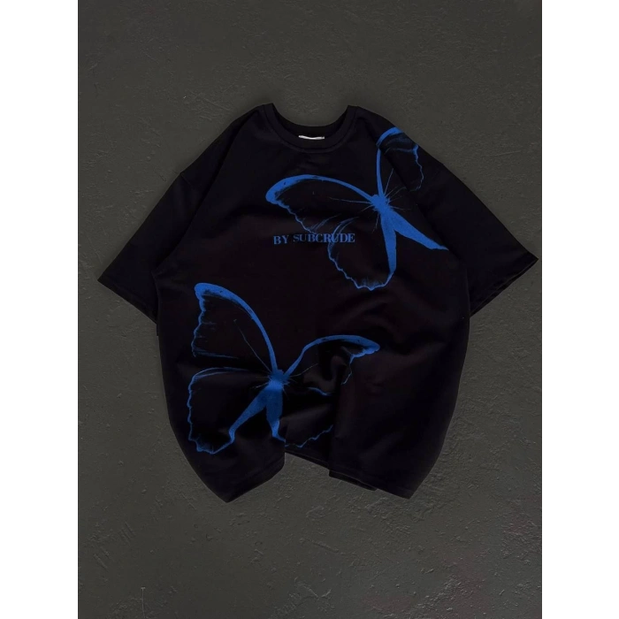 Unisex Bisiklet Yaka Baskılı Oversize T-Shirt - Siyah