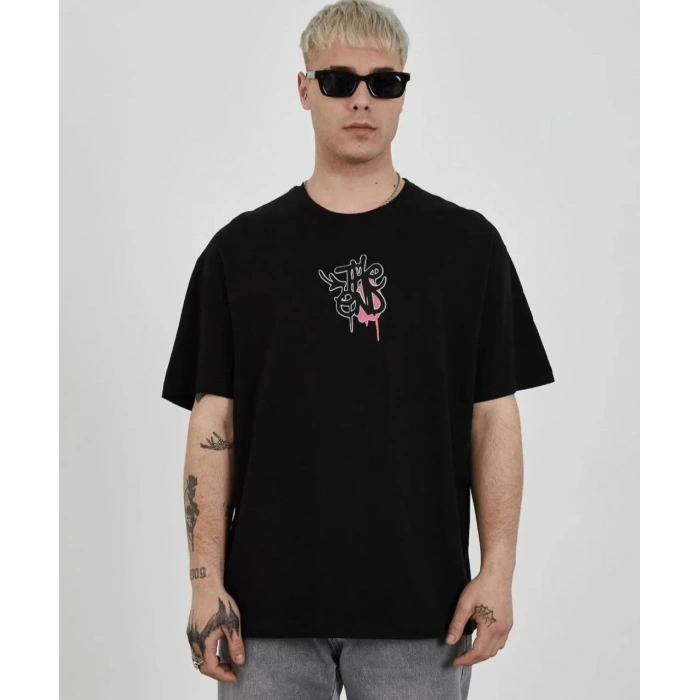 Unisex Bisiklet Yaka Baskılı Oversize T-Shirt - Siyah