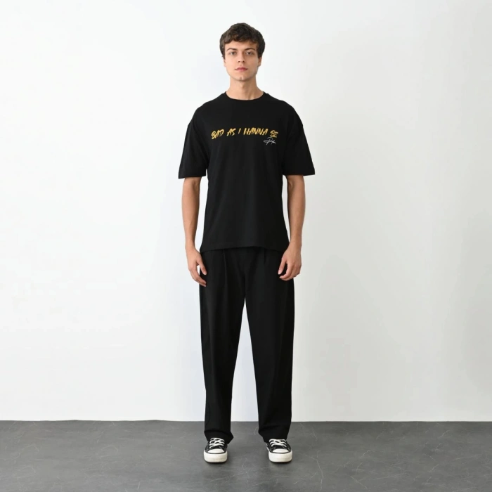 Unisex Bisiklet Yaka Baskılı Oversize T-Shirt - Siyah