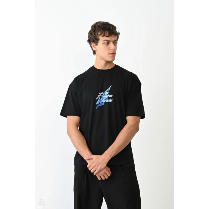 Unisex Bisiklet Yaka Baskılı Oversize T-Shirt - Siyah