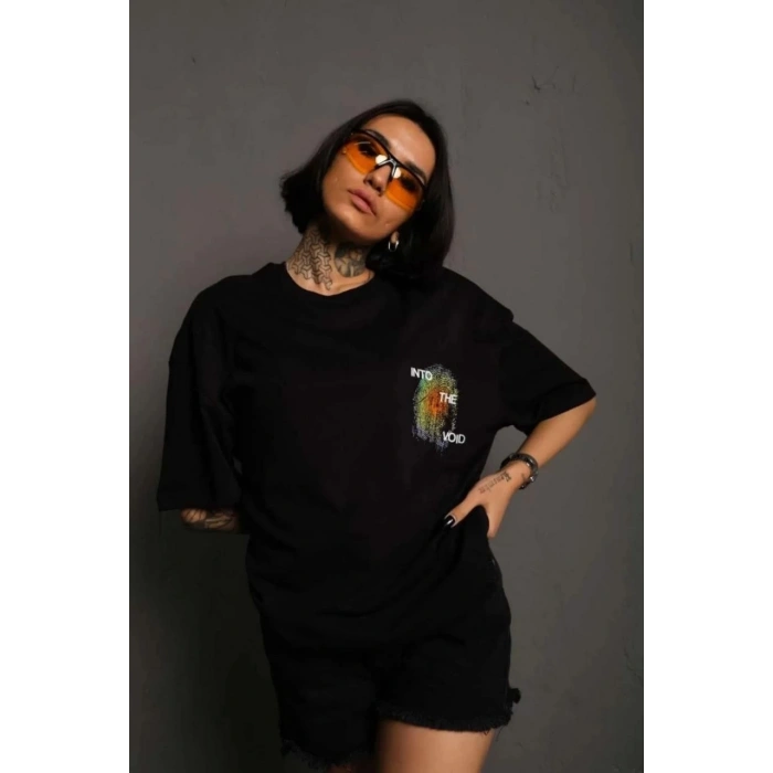 Unisex Bisiklet Yaka Baskılı Oversize T-Shirt - Siyah
