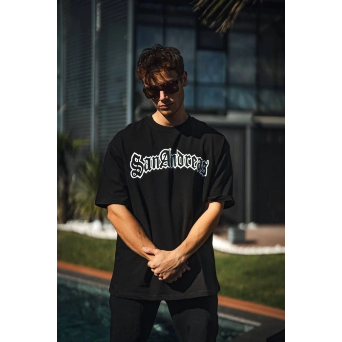 Unisex Bisiklet Yaka Baskılı Oversize T-Shirt - Siyah