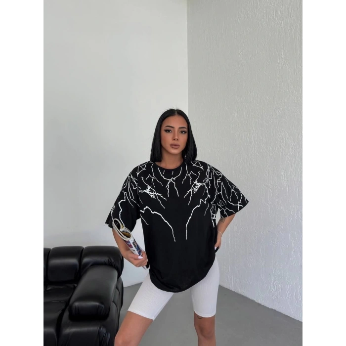 Kadın Yıldırım şimşek Baskılı T-Shirt Kısa Kol Bisiklet Yaka  Ovarsize Tişört  - Siyah