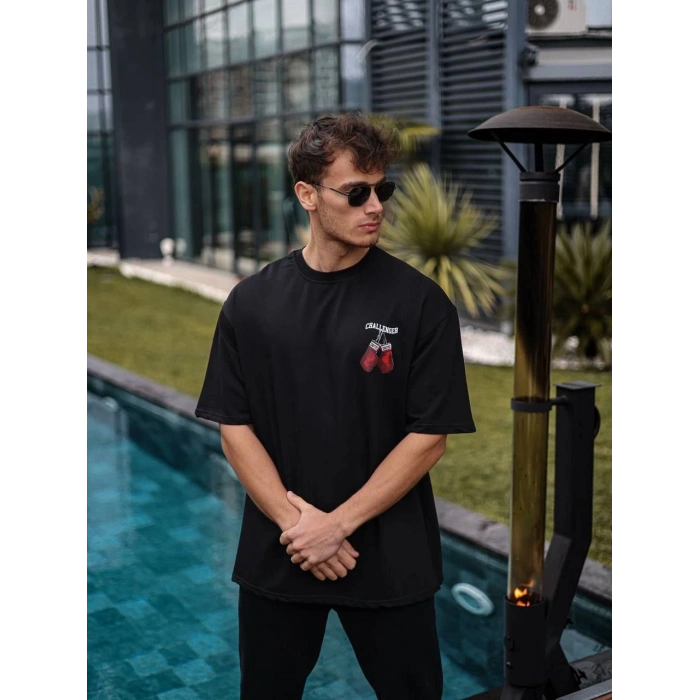 Unisex Bisiklet Yaka Baskılı Oversize T-Shirt - Siyah