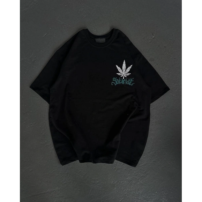 Unisex Bisiklet Yaka Baskılı Oversize T-Shirt - Siyah