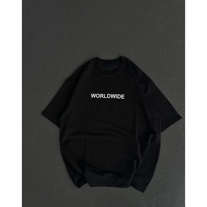 Unisex Bisiklet Yaka Baskılı Oversize T-Shirt - Siyah