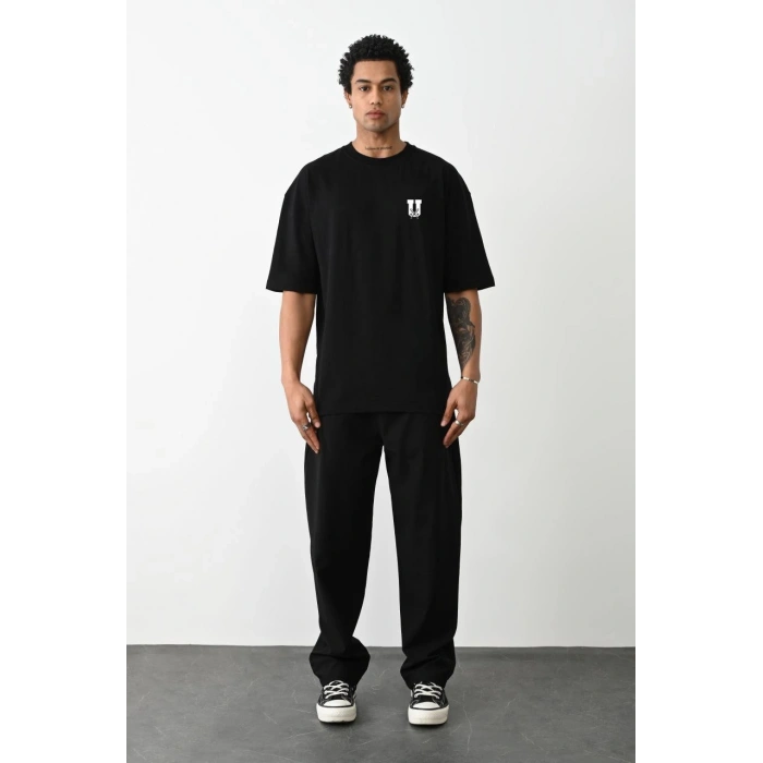 Unisex Bisiklet Yaka Baskılı Oversize T-Shirt - Siyah