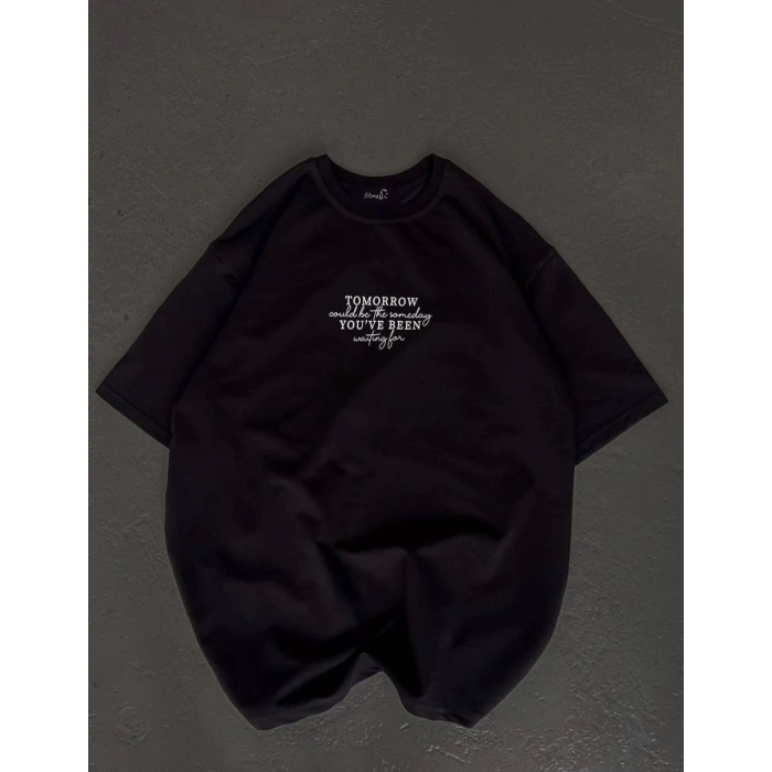 Unisex Bisiklet Yaka Baskılı Oversize T-Shirt - Siyah