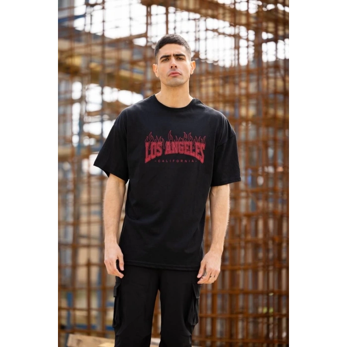 Unisex Bisiklet Yaka Baskılı Oversize T-Shirt - Siyah