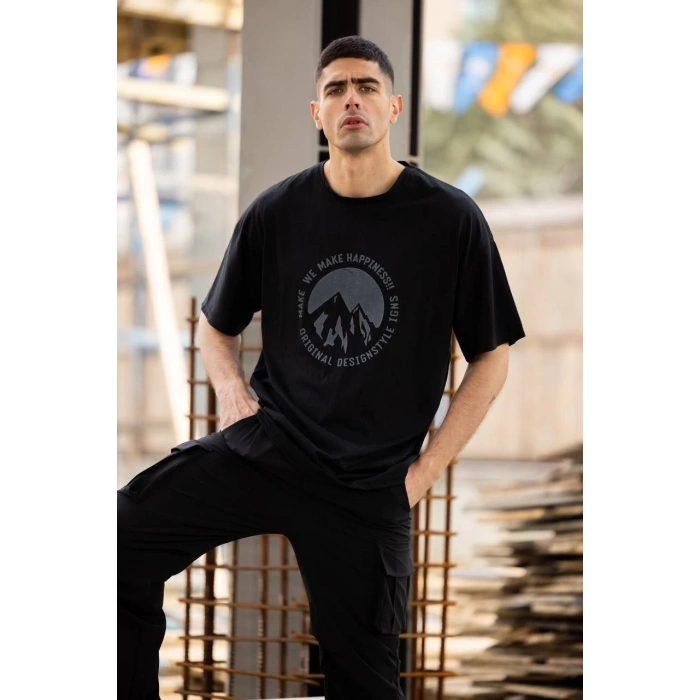 Unisex Bisiklet Yaka Baskılı Oversize T-Shirt - Siyah