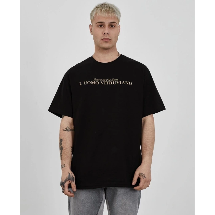 Unisex Bisiklet Yaka Baskılı Oversize T-Shirt - Siyah