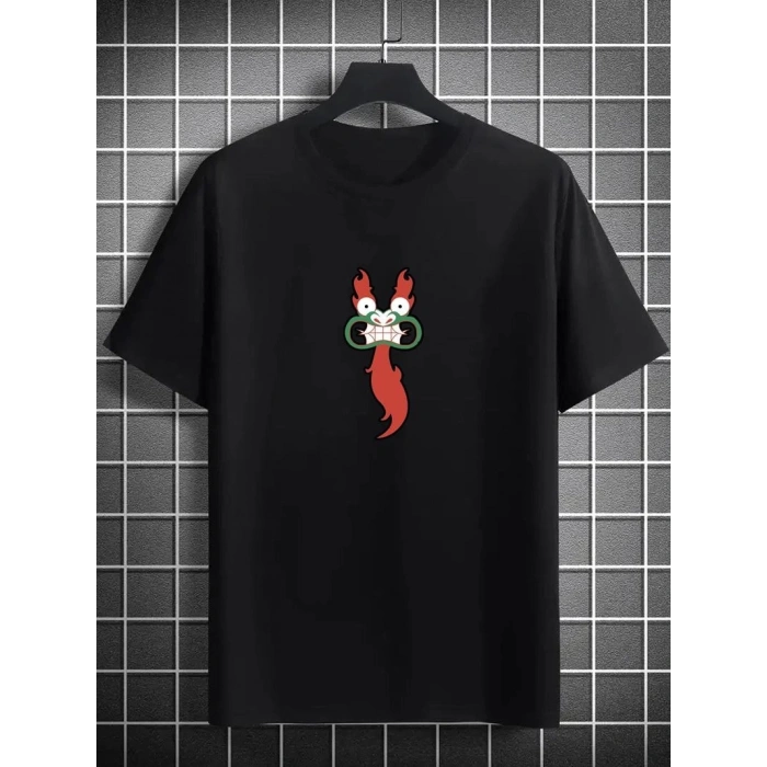 Unisex Bisiklet Yaka Baskılı Oversize T-Shirt - Siyah