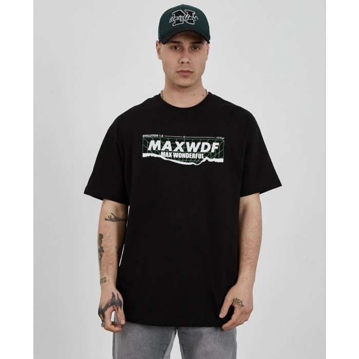 Unisex Bisiklet Yaka Baskılı Oversize T-Shirt - Siyah