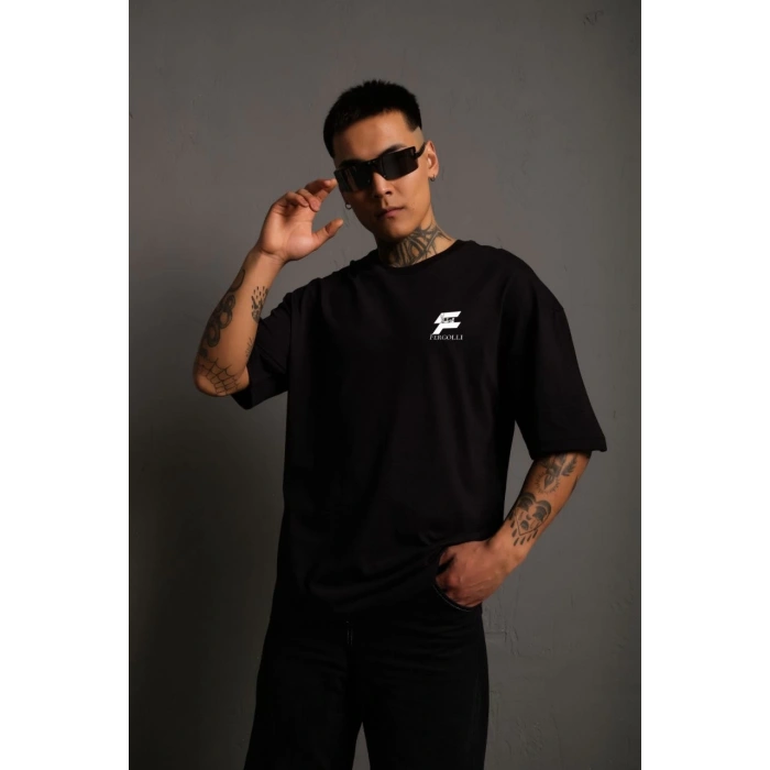 Unisex Bisiklet Yaka Baskılı Oversize T-Shirt - Siyah