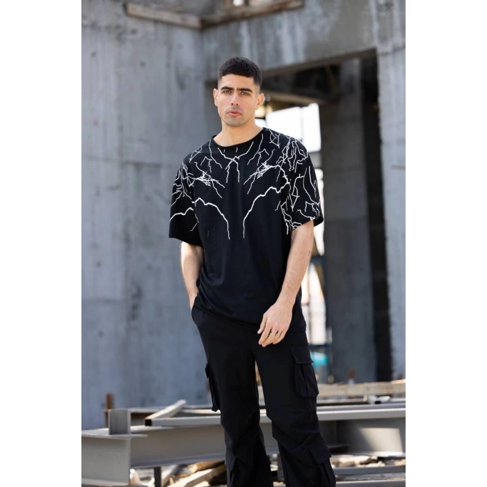 Unisex Bisiklet Yaka Baskılı Oversize T-Shirt - Siyah