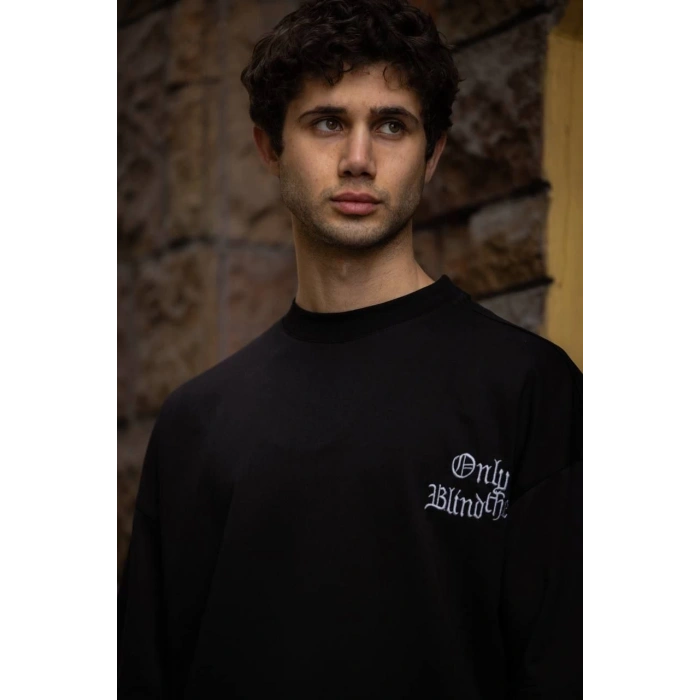 Unisex Bisiklet Yaka Baskılı Oversize T-Shirt - Siyah